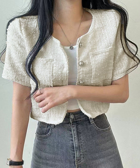 ツイード風ジャケットノーカラージャケット レディース パールボタン オフィス夏服 ショート丈アウター フォーマル カーディガン きれいめ羽織り サマージャケット夏 86SSJL-022